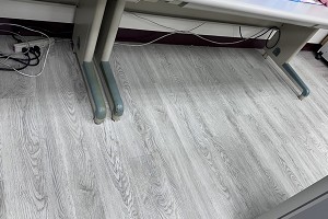 客廳採用淺色系無縫塑膠地板，讓空間更明亮